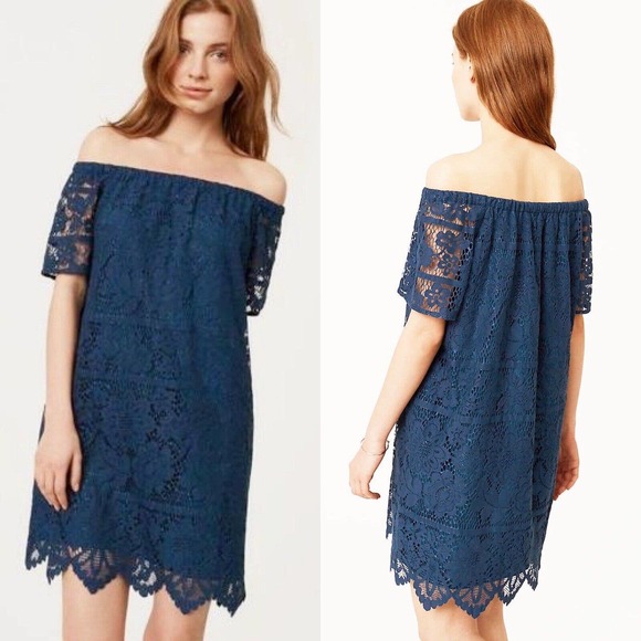 Ann Taylor Loft Womens Off-Shoulder Lace Dress XS Blue Scalloped Hem Romantic - Picture 1 of 7